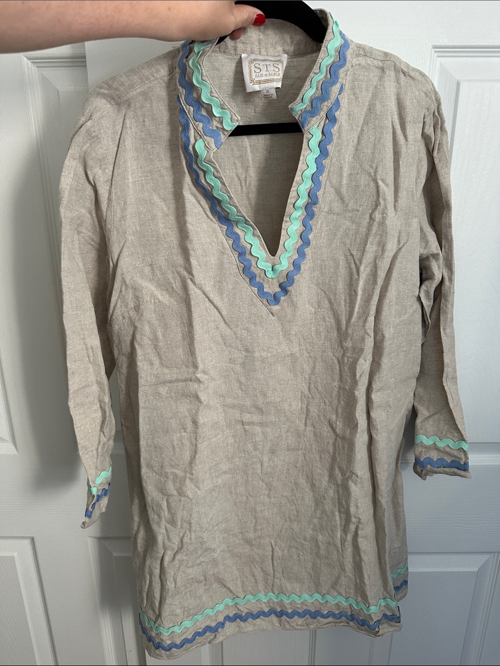 Sail to Sable Beige Tunic with Blue & Mint Rickrack Trim